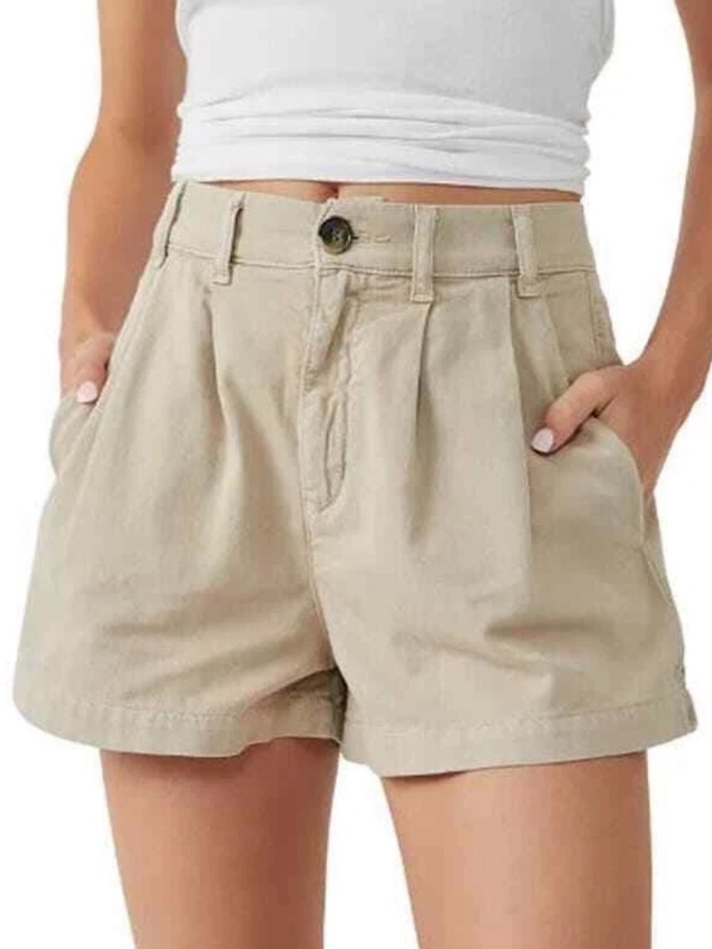 Free People Khaki Pleated Chino Shorts Size 6 Beige Cotton